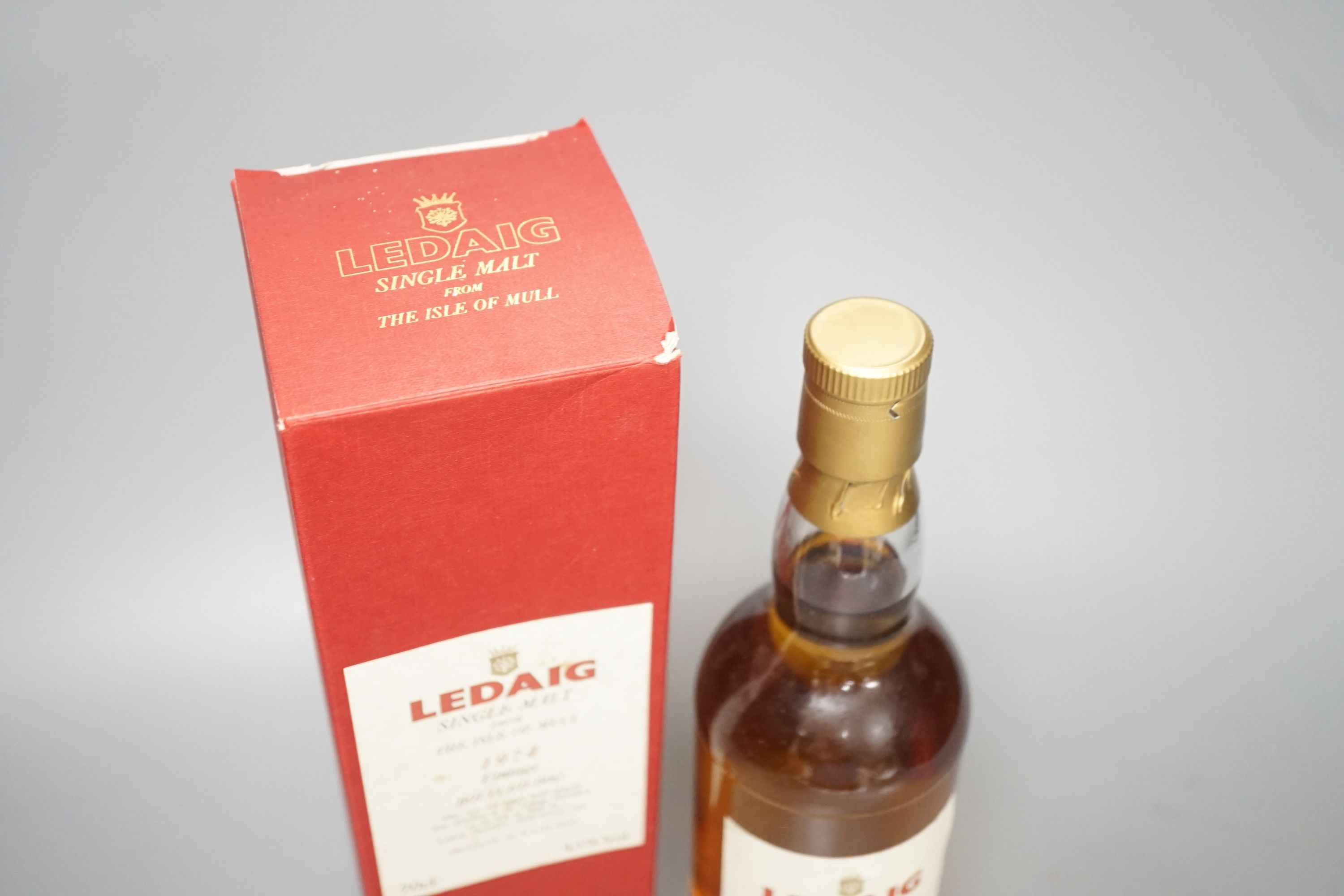 A single boxed bottle of Ledaig single malt whisky, 1974 vintage, bottled in 1992